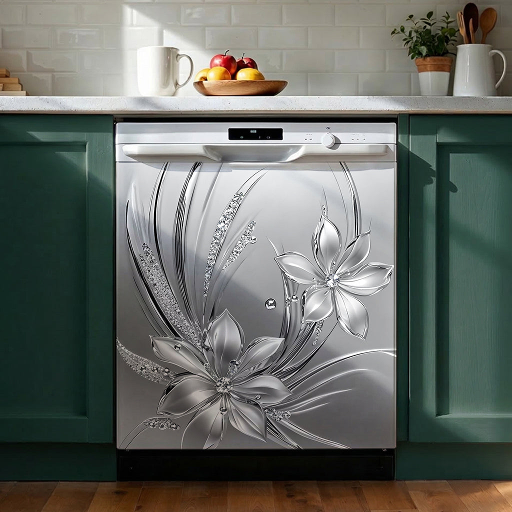 Floral Magnetic Dishwasher Cover Silver Bloom Radiance