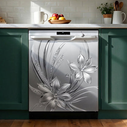 Floral Magnetic Dishwasher Cover Silver Bloom Radiance
