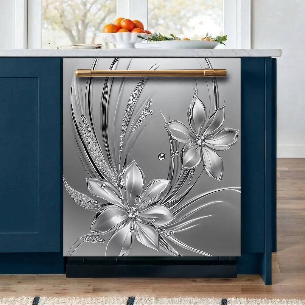 Floral Magnetic Dishwasher Cover Silver Bloom Radiance