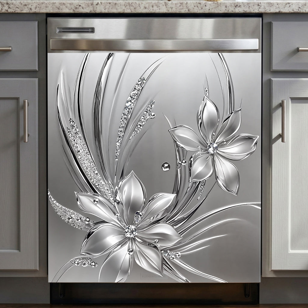 Floral Magnetic Dishwasher Cover Silver Bloom Radiance