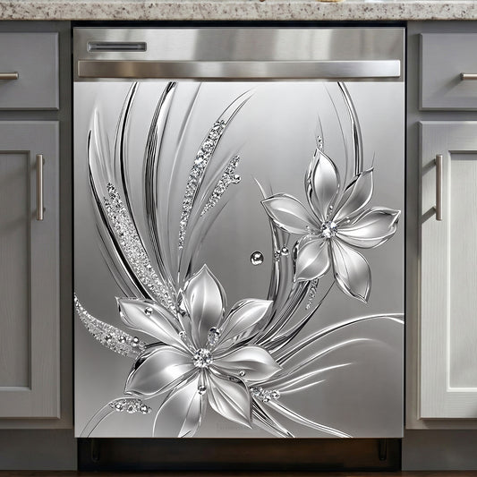 Floral Magnetic Dishwasher Cover Silver Bloom Radiance