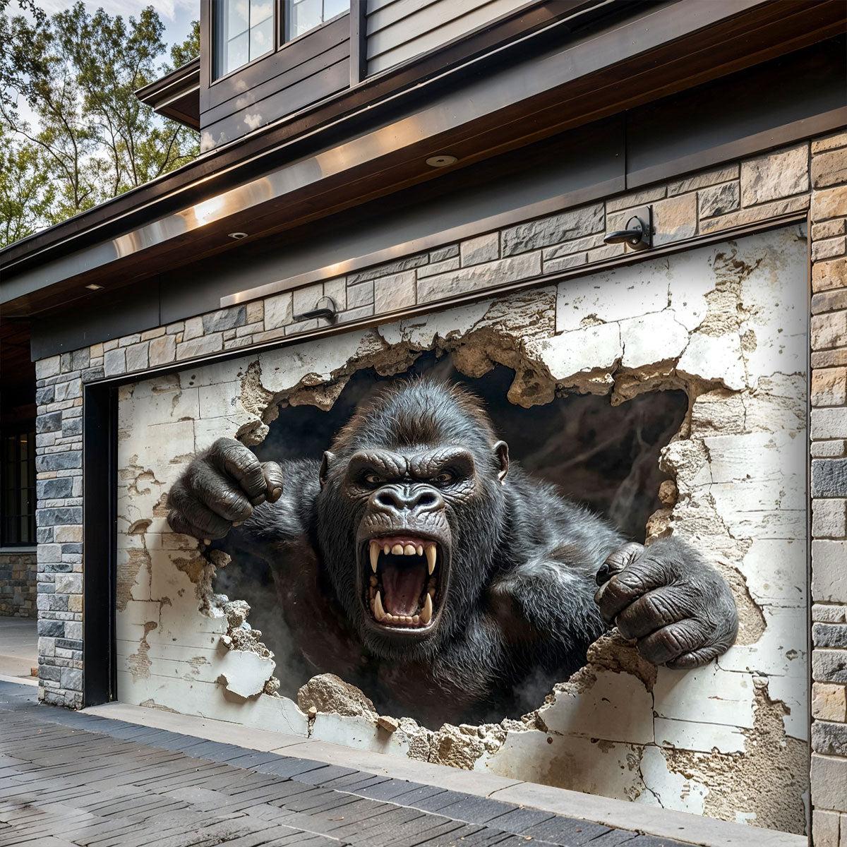 Wall Break Garage Door Banner Decoration - Gorilla Breaks The Barrier