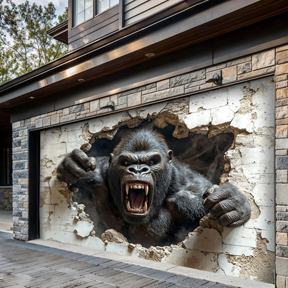 Wall Break Garage Door Banner Decoration - Gorilla Breaks The Barrier