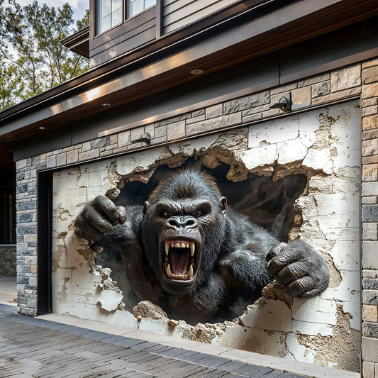 Wall Break Garage Door Banner Decoration - Gorilla Breaks The Barrier