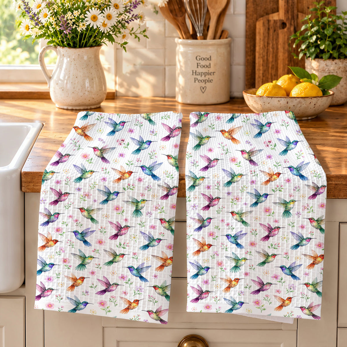 Hummingbird Kitchen Towel Hummingbird in Fuchsia Garden