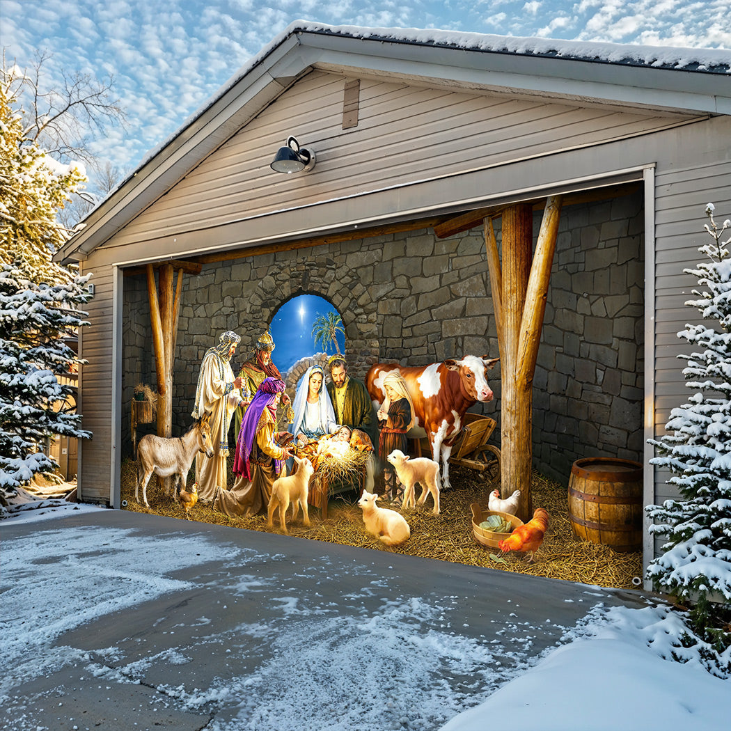 God Garage Door Banner Decoration -  Manger Scene