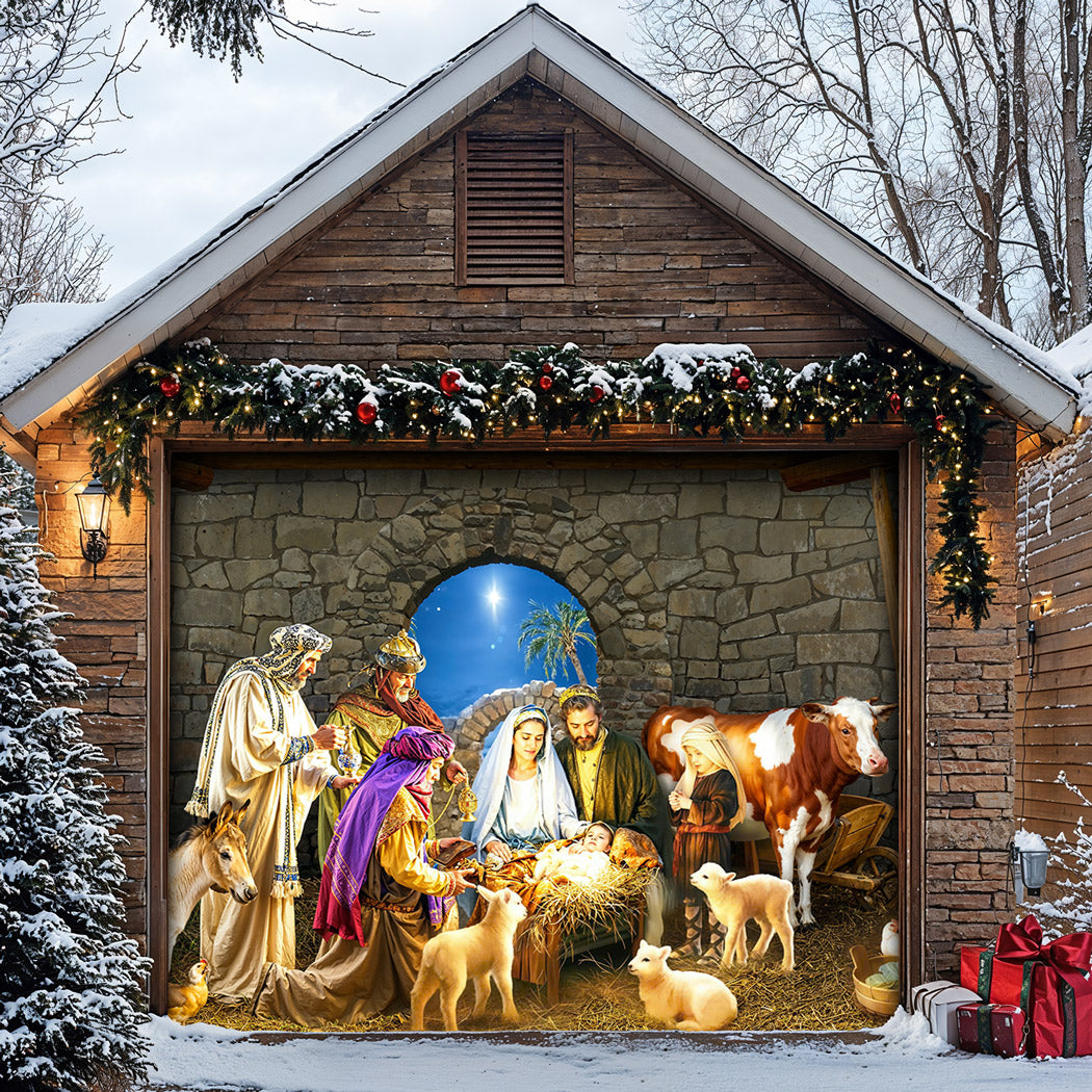 God Garage Door Banner Decoration -  Manger Scene