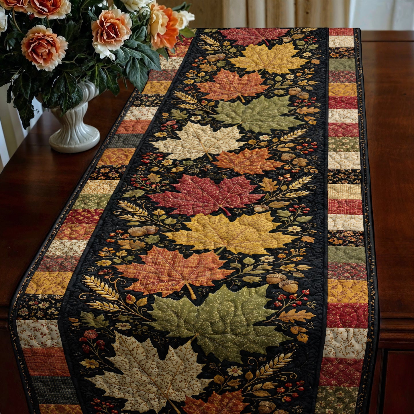 Fall Quilted Table Runner Autumn Leaves Heirloom