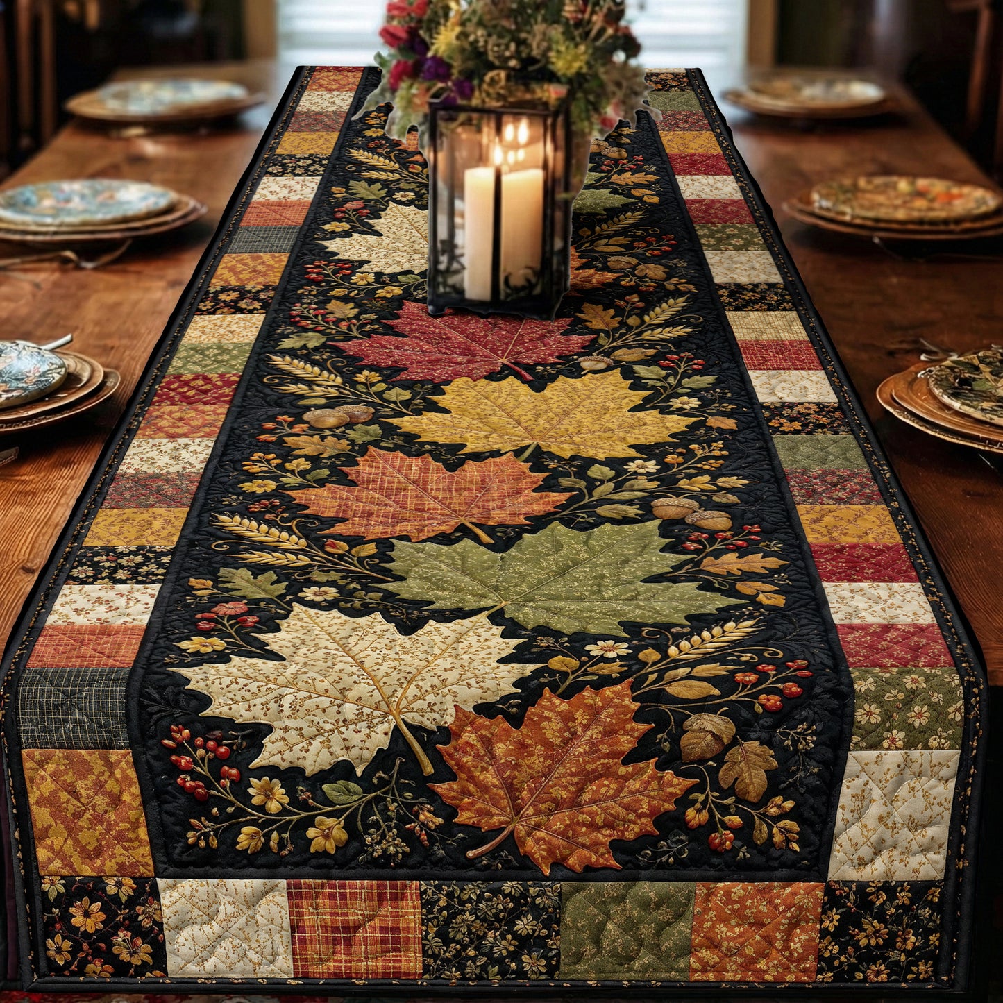 Fall Quilted Table Runner Autumn Leaves Heirloom