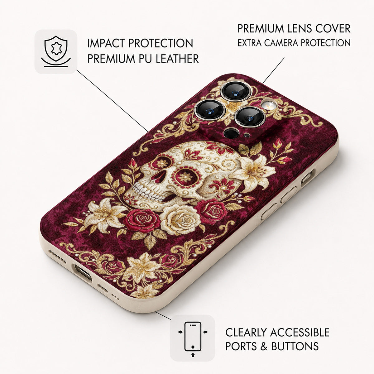 Sugar Skull Leather Phone Case Velvet Rose Sugar Skull Reverie - Beige