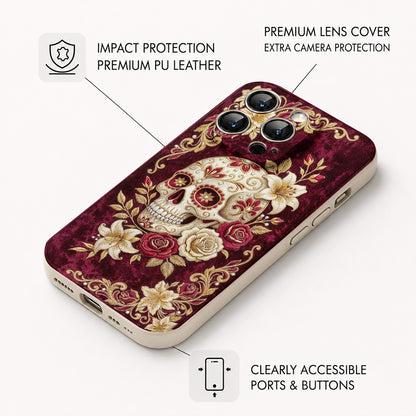 Sugar Skull Leather Phone Case Velvet Rose Sugar Skull Reverie - Beige