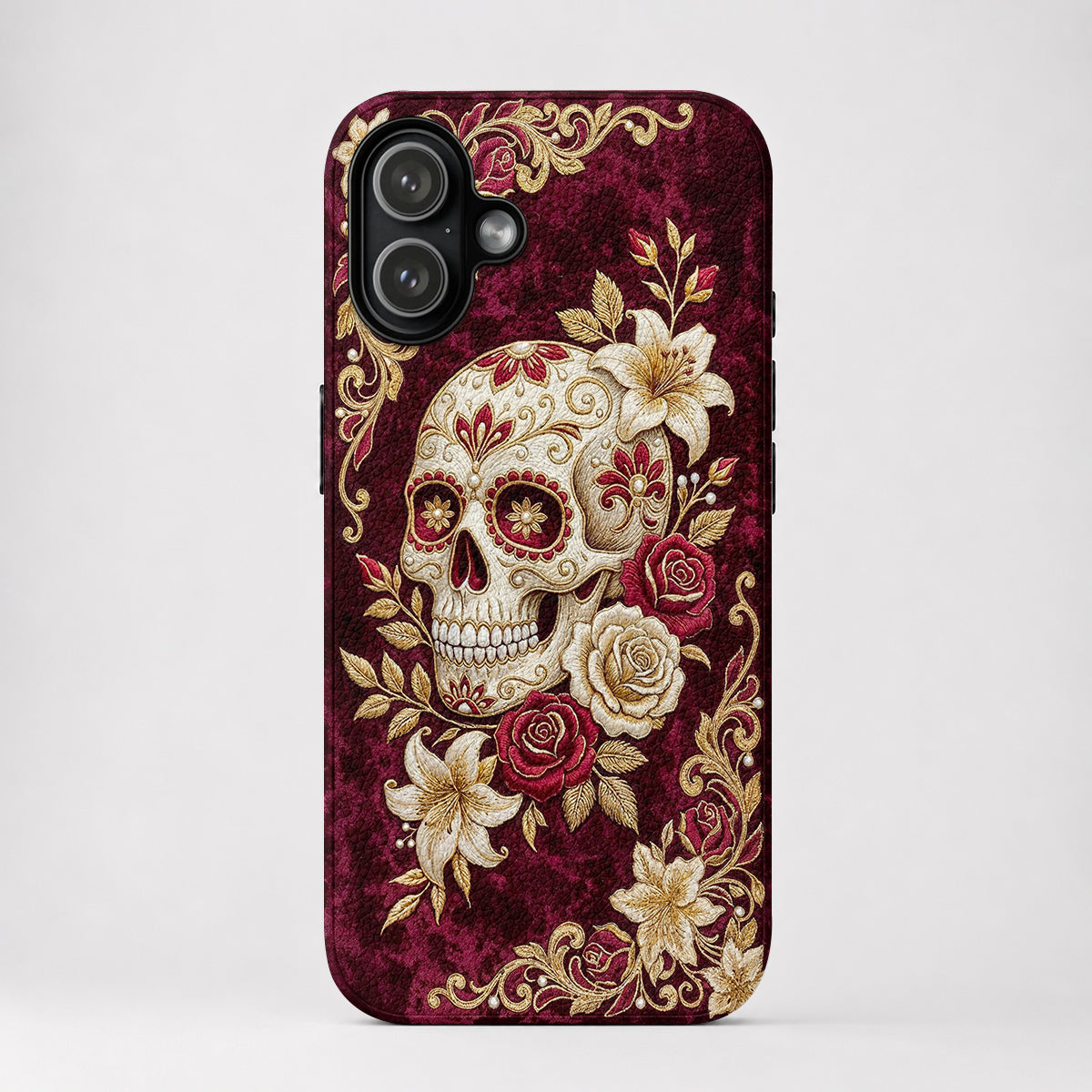 Sugar Skull Leather Phone Case Velvet Rose Sugar Skull Reverie - Beige