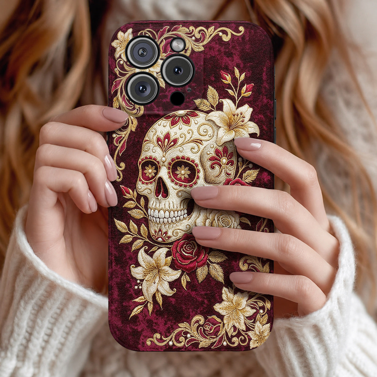 Sugar Skull Leather Phone Case Velvet Rose Sugar Skull Reverie - Beige