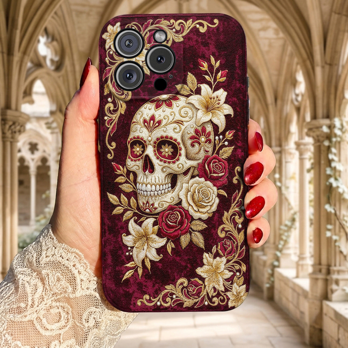 Sugar Skull Leather Phone Case Velvet Rose Sugar Skull Reverie - Beige