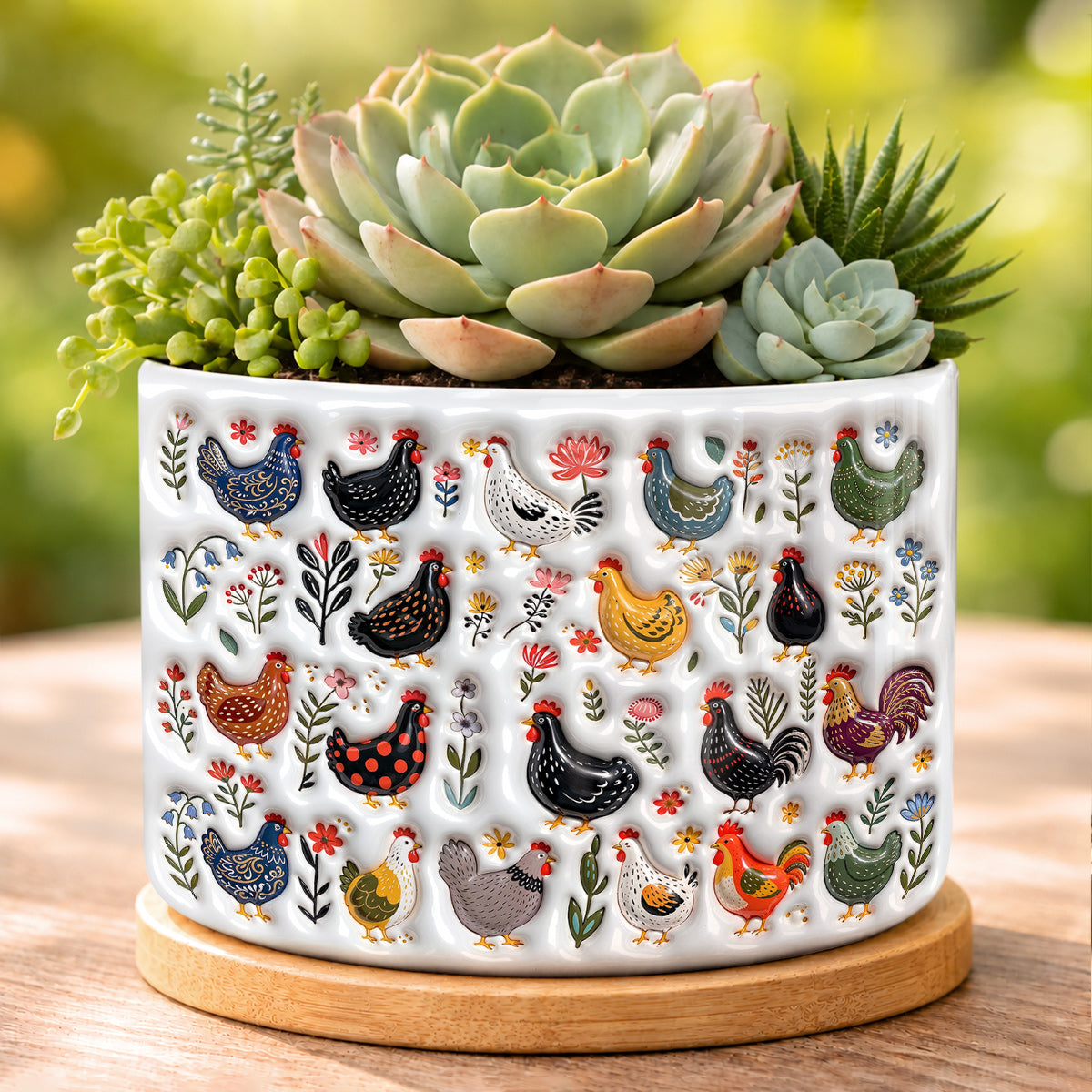 Chicken Ceramic Plant Pot With Bamboo Tray Garden Chicken Folk Art