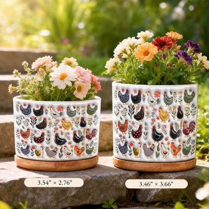 Chicken Ceramic Plant Pot With Bamboo Tray Garden Chicken Folk Art