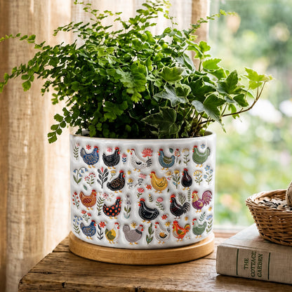 Chicken Ceramic Plant Pot With Bamboo Tray Garden Chicken Folk Art