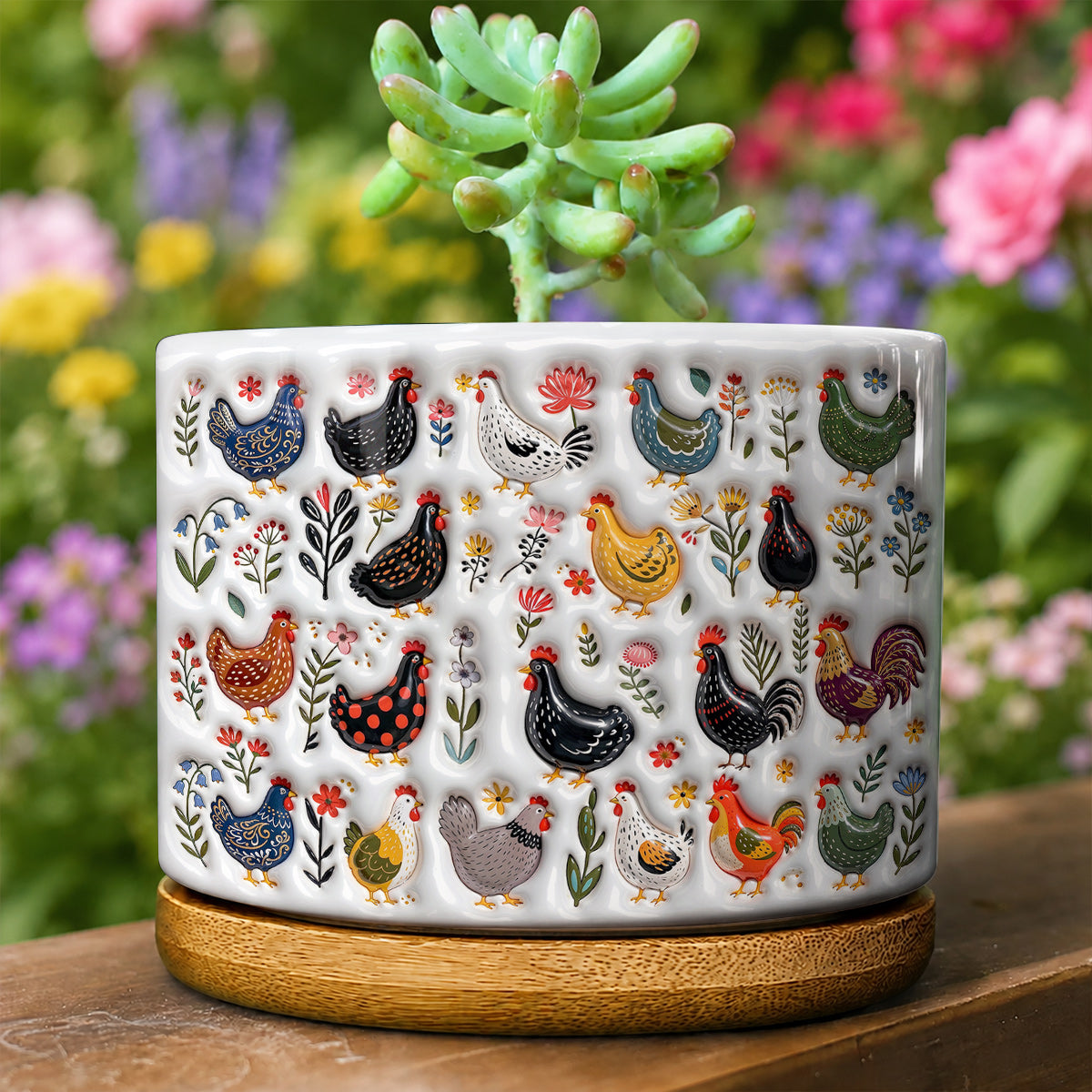 Chicken Ceramic Plant Pot With Bamboo Tray Garden Chicken Folk Art