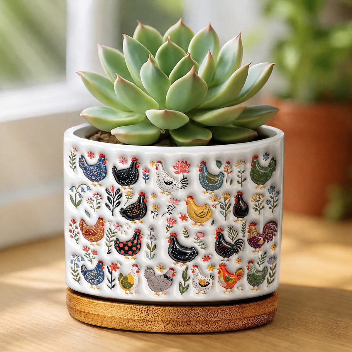 Chicken Ceramic Plant Pot With Bamboo Tray Garden Chicken Folk Art