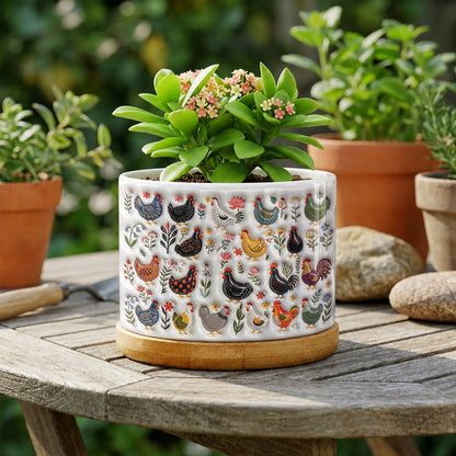 Chicken Ceramic Plant Pot With Bamboo Tray Garden Chicken Folk Art