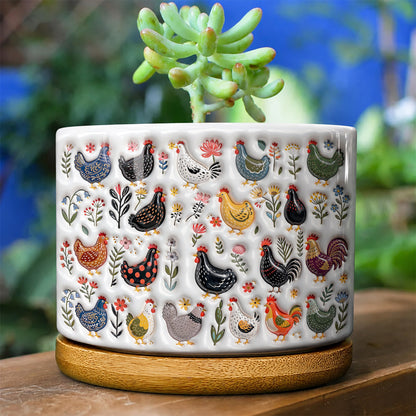 Chicken Ceramic Plant Pot With Bamboo Tray Garden Chicken Folk Art