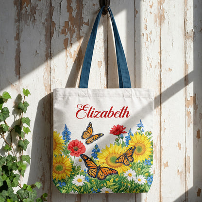Butterfly Garden Canvas Tote Bag Monarch Wings In Sunflower Meadow