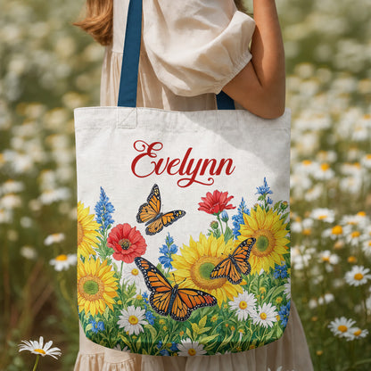 Butterfly Garden Canvas Tote Bag Monarch Wings In Sunflower Meadow