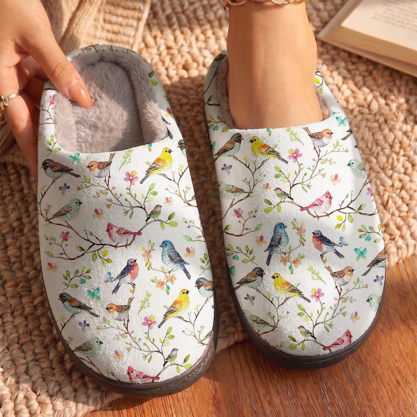 Bird Lovers Fleece Lined Slippers Whispering Songbirds Blossom Haven