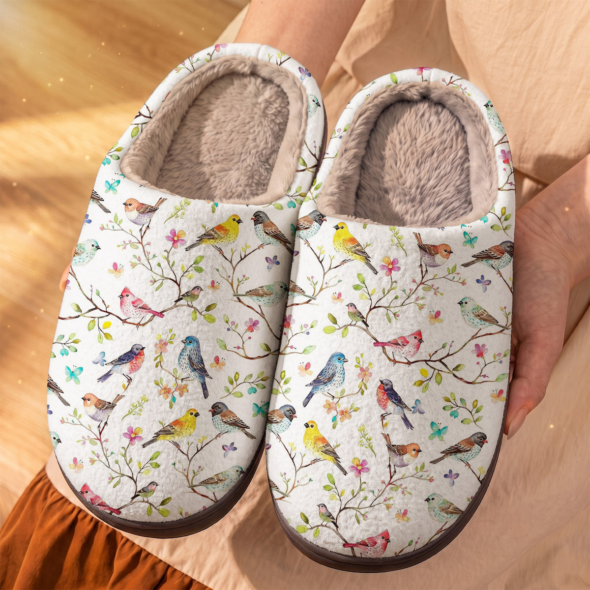 Bird Lovers Fleece Lined Slippers Whispering Songbirds Blossom Haven