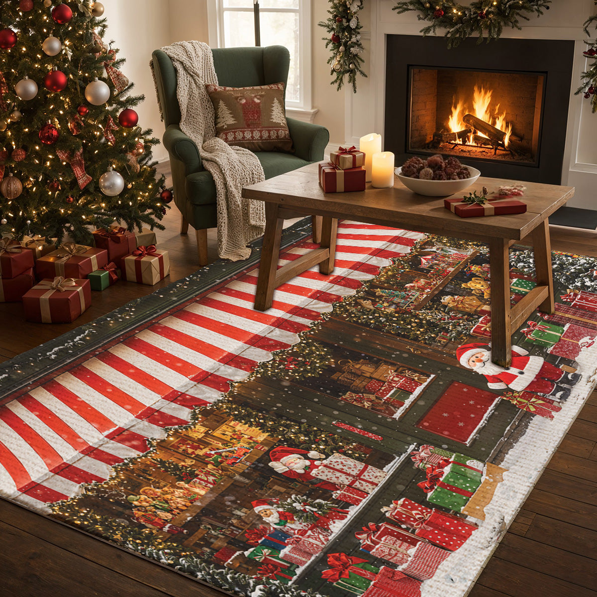 Christmas Area Rug Christmas A Snowy Shopfront with Santa and Presents