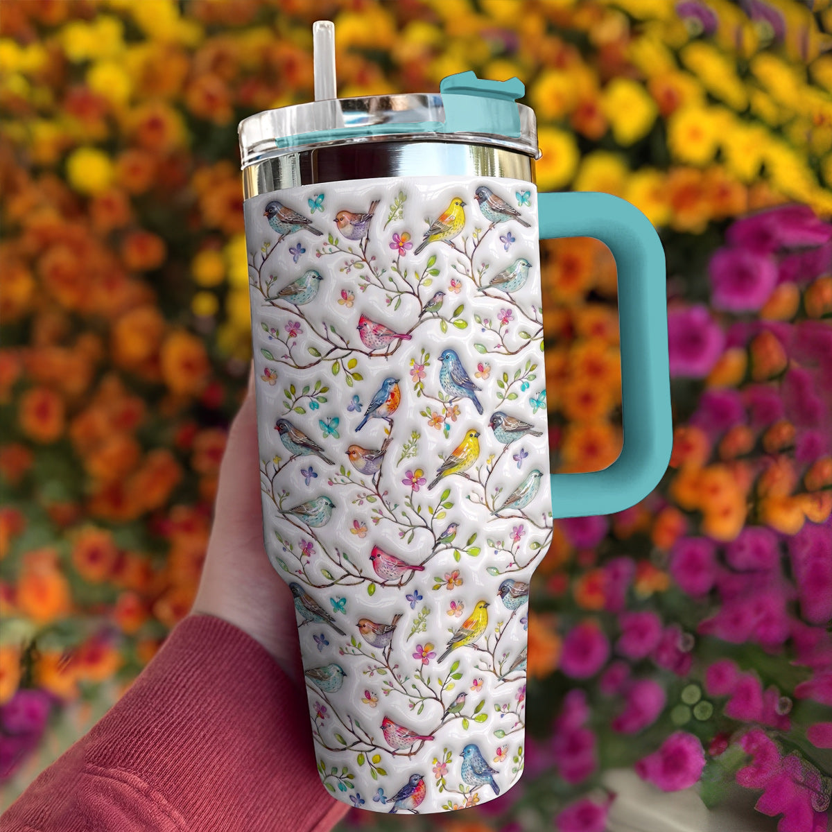 Bird Lovers 40 oz Tumbler Puffy Whispering Songbirds Blossom Haven