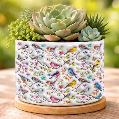 Bird Lovers Ceramic Plant Pot With Bamboo Tray Puffy Whispering Songbirds Blossom Haven