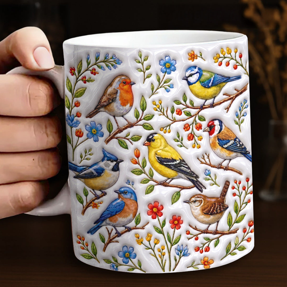 Garden Birds Ceramic Mug Whispering Songbirds Among Spring Garden Blossoms