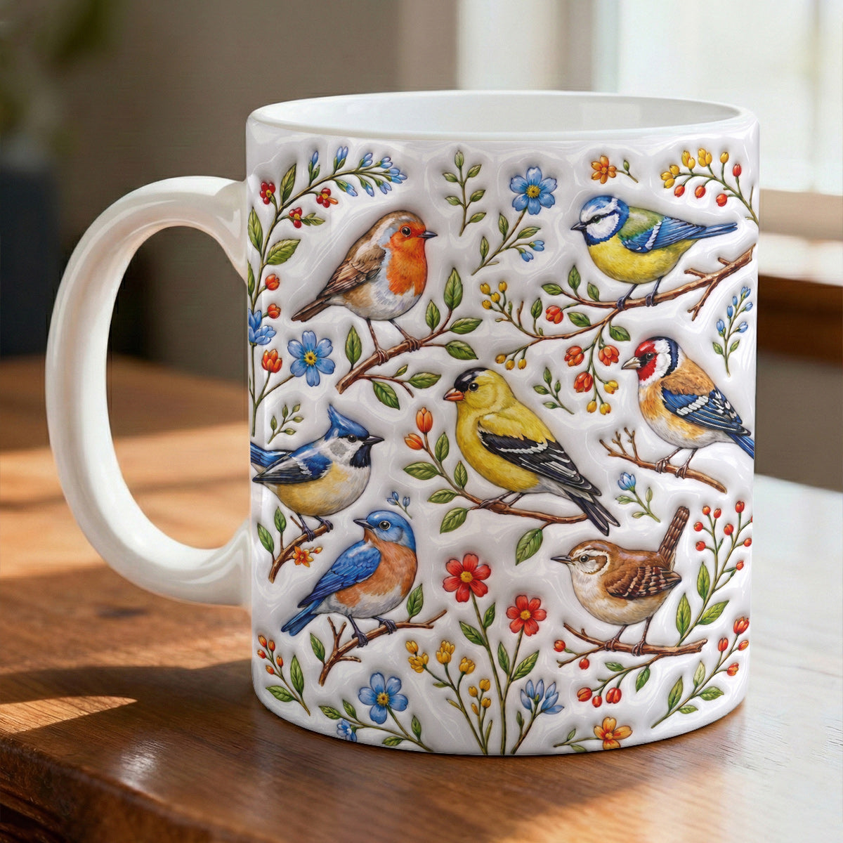 Garden Birds Ceramic Mug Whispering Songbirds Among Spring Garden Blossoms