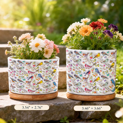 Bird Lovers Ceramic Plant Pot With Bamboo Tray Puffy Whispering Songbirds Blossom Haven