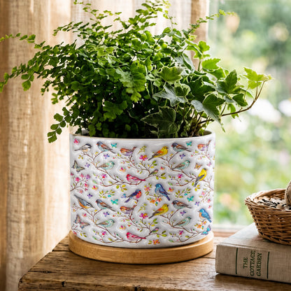 Bird Lovers Ceramic Plant Pot With Bamboo Tray Puffy Whispering Songbirds Blossom Haven