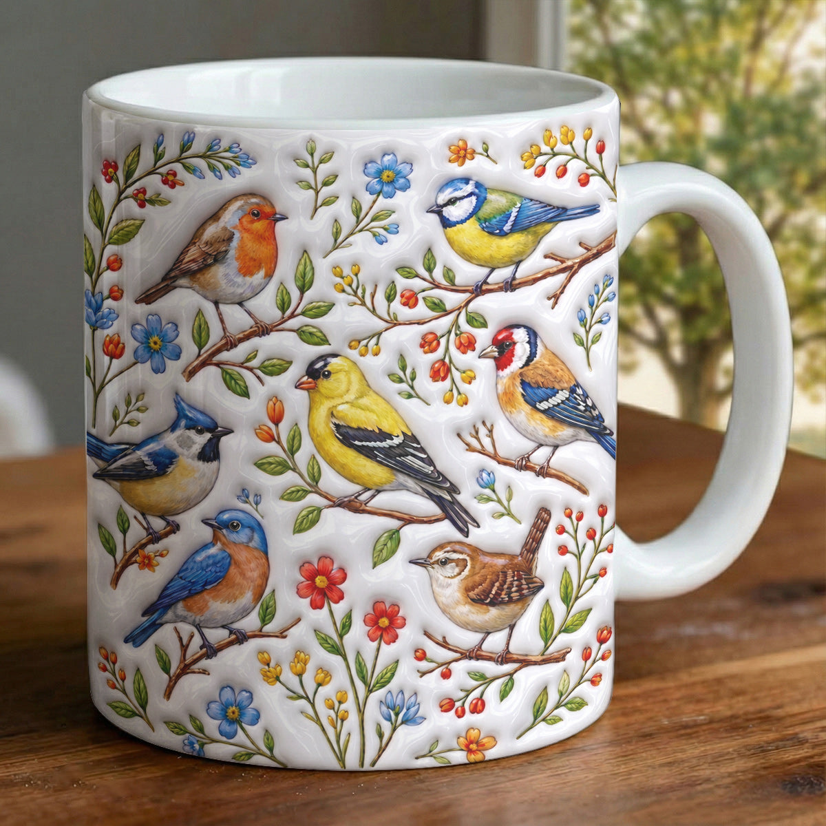 Garden Birds Ceramic Mug Whispering Songbirds Among Spring Garden Blossoms
