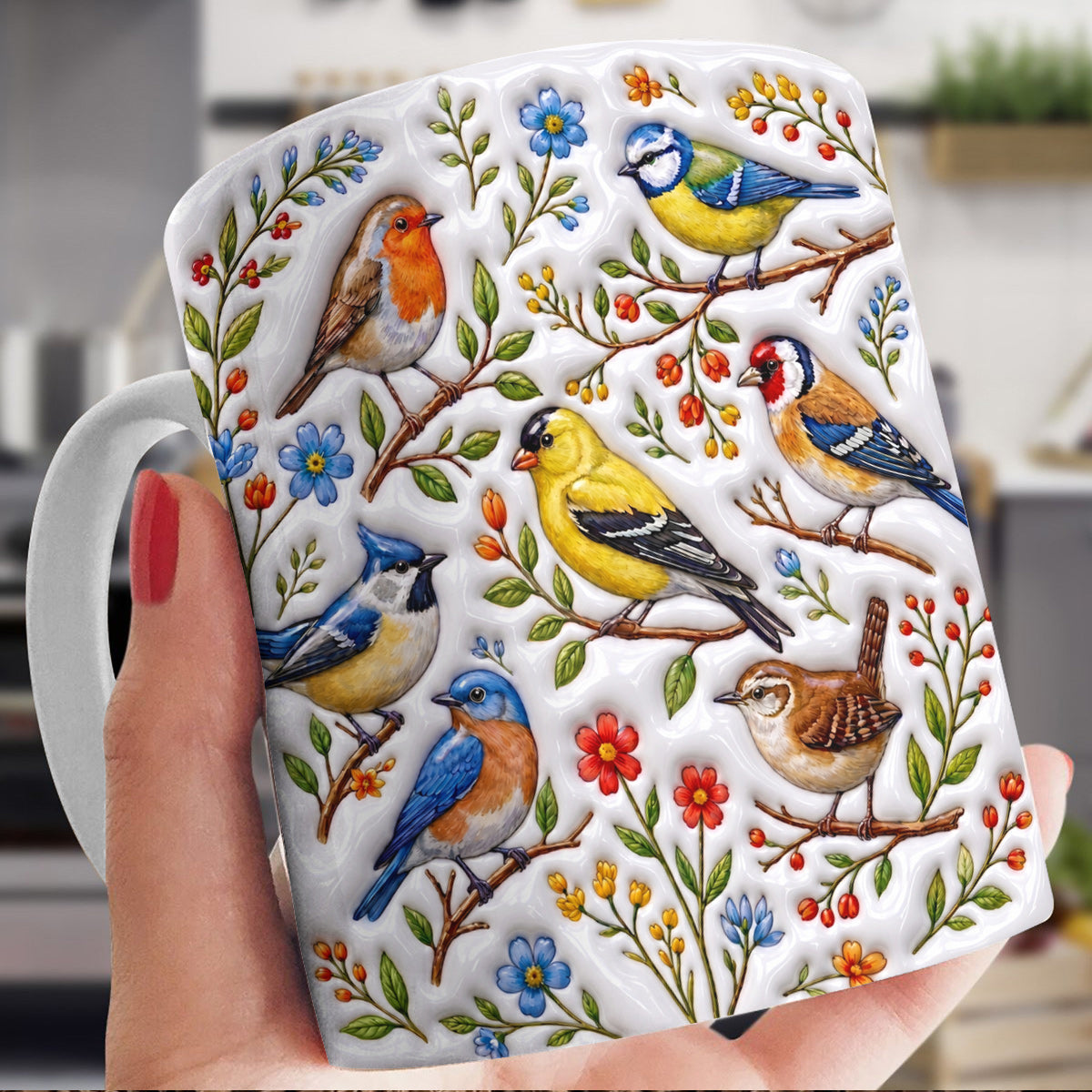 Garden Birds Ceramic Mug Whispering Songbirds Among Spring Garden Blossoms