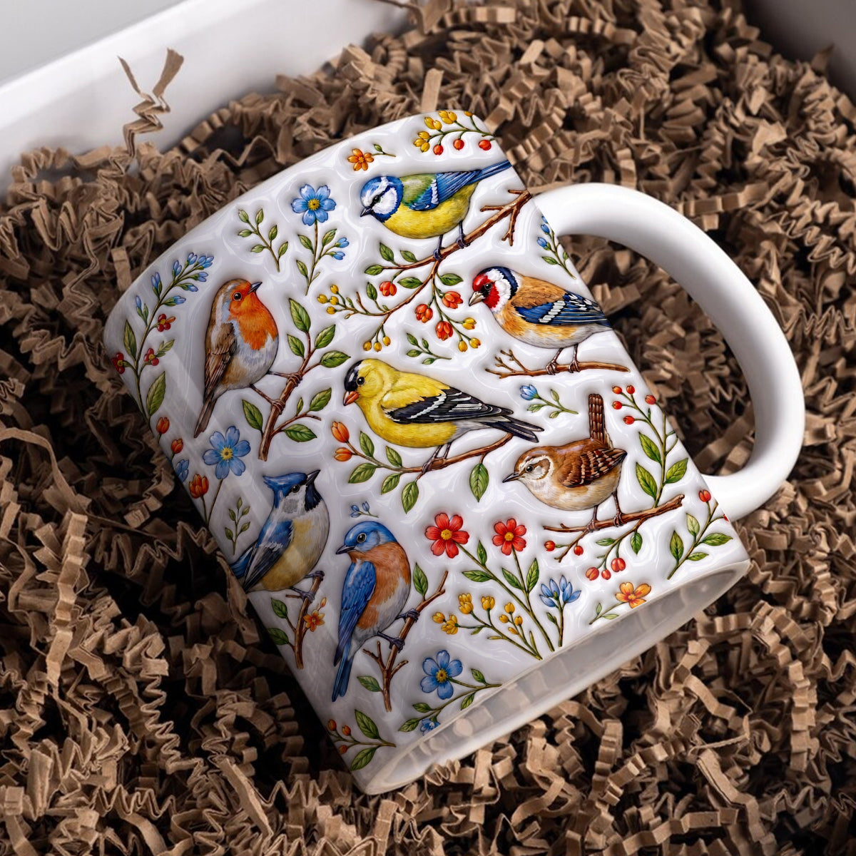 Garden Birds Ceramic Mug Whispering Songbirds Among Spring Garden Blossoms