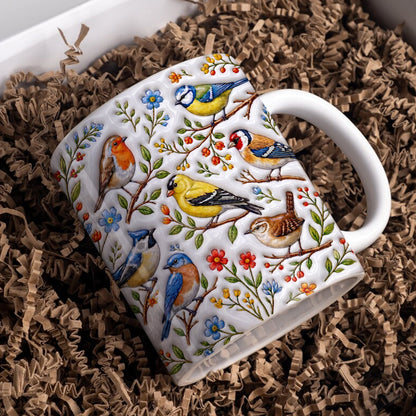 Garden Birds Ceramic Mug Whispering Songbirds Among Spring Garden Blossoms