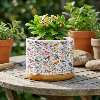 Bird Lovers Ceramic Plant Pot With Bamboo Tray Puffy Whispering Songbirds Blossom Haven