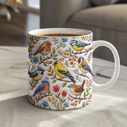 Garden Birds Ceramic Mug Whispering Songbirds Among Spring Garden Blossoms