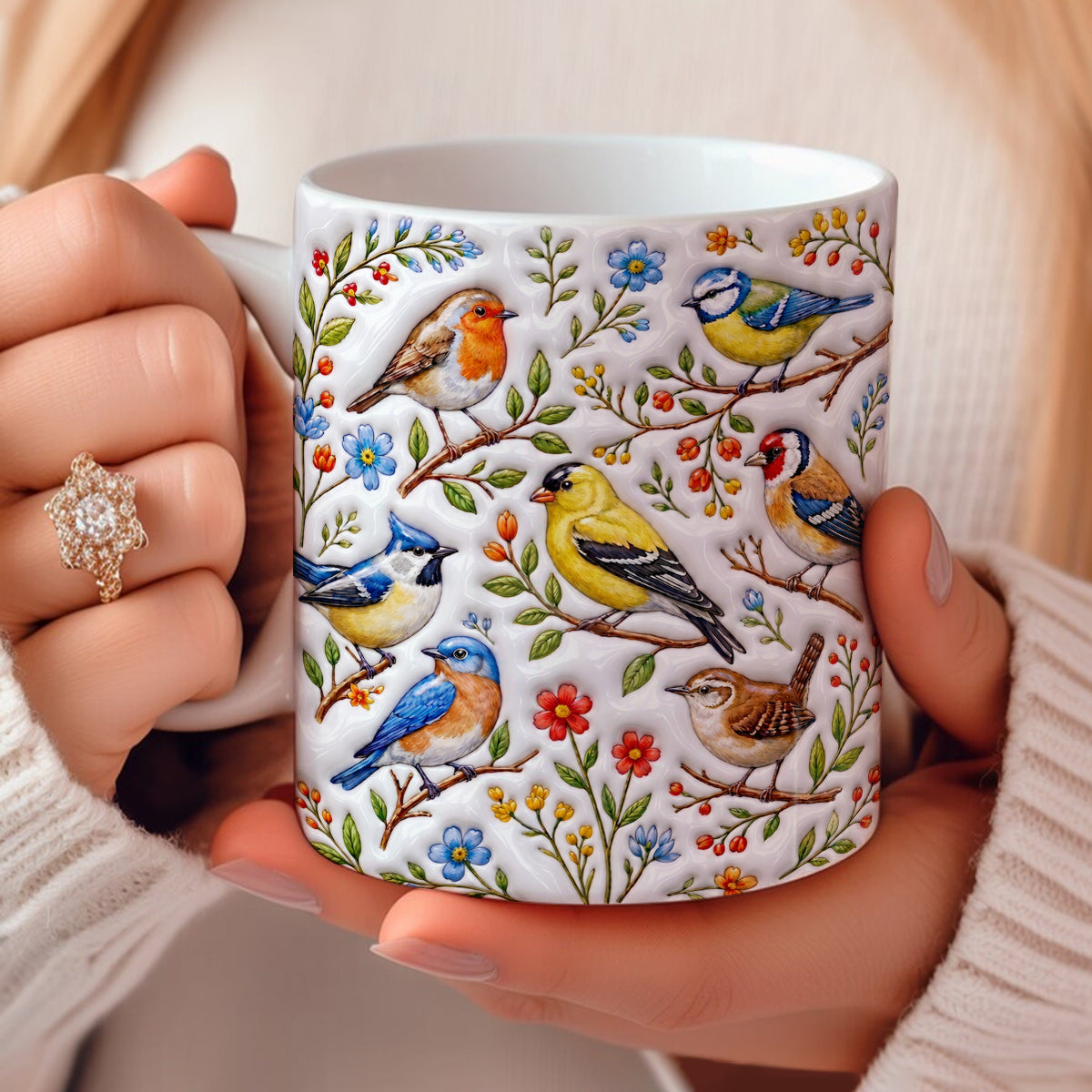 Garden Birds Ceramic Mug Whispering Songbirds Among Spring Garden Blossoms