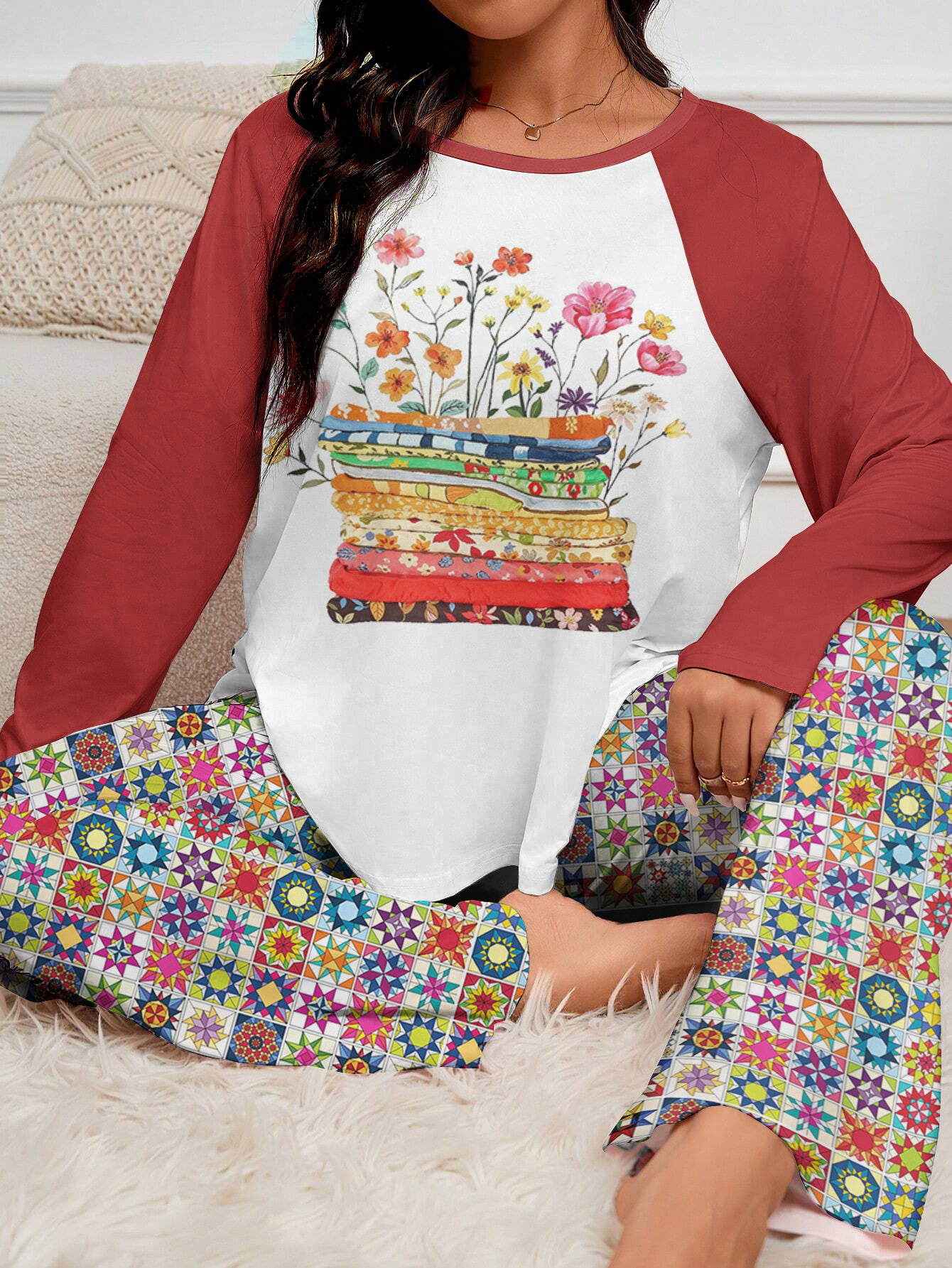 Quilting Lover Raglan Lounge Pajamas Bright Patchwork Blossoms