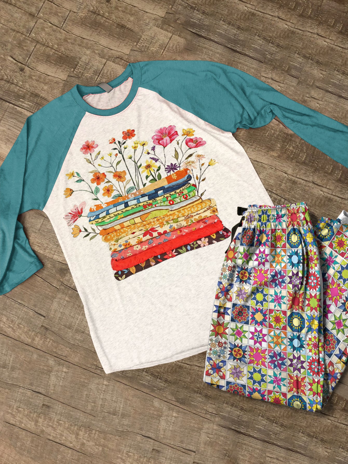 Quilting Lover Raglan Lounge Pajamas Bright Patchwork Blossoms