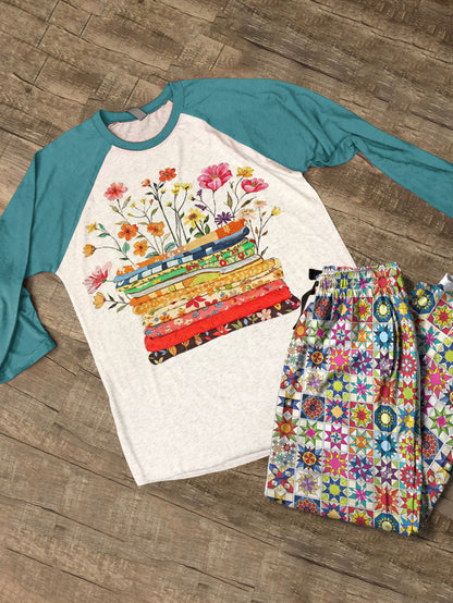 Quilting Lover Raglan Lounge Pajamas Bright Patchwork Blossoms