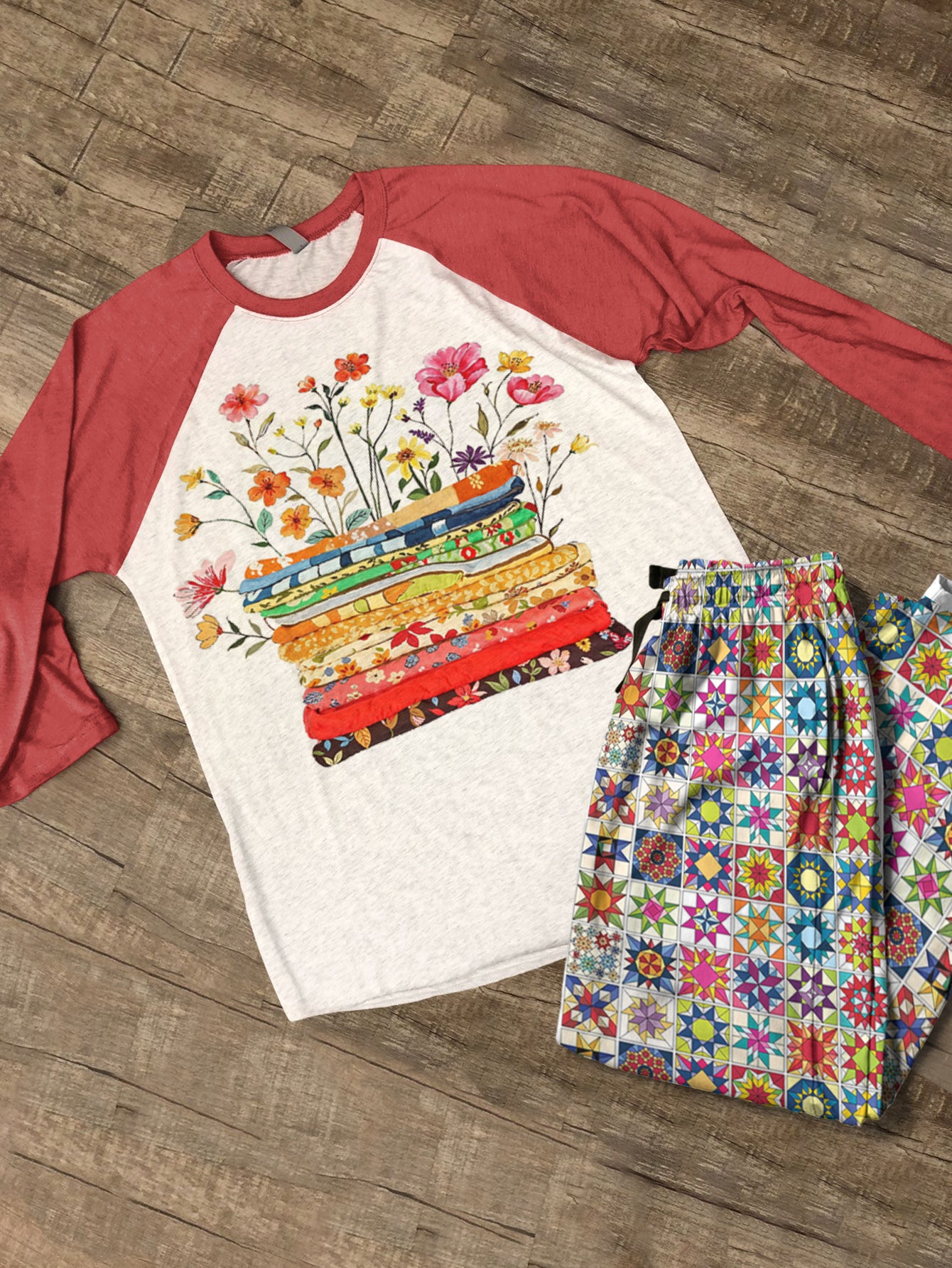 Quilting Lover Raglan Lounge Pajamas Bright Patchwork Blossoms
