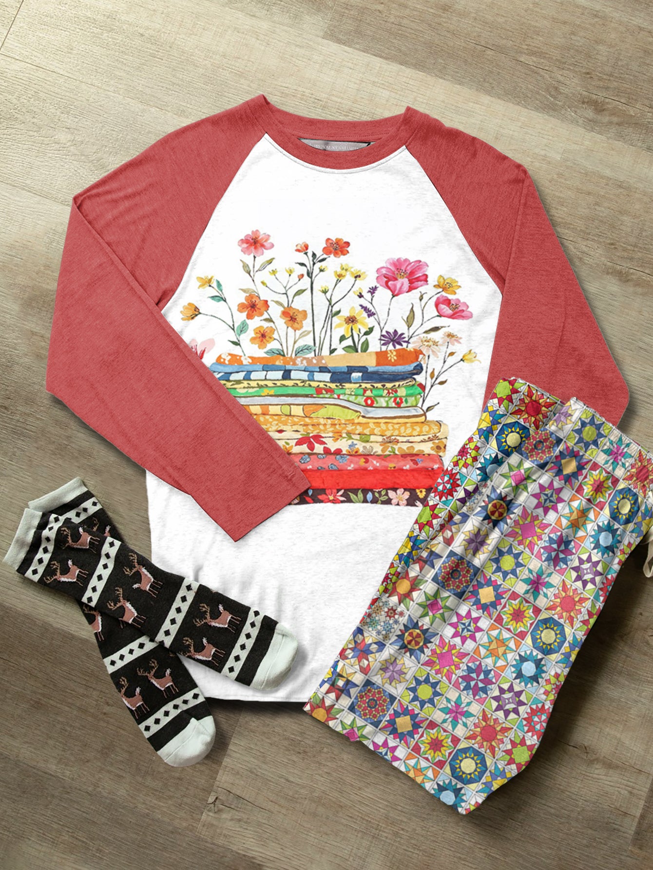 Quilting Lover Raglan Lounge Pajamas Bright Patchwork Blossoms