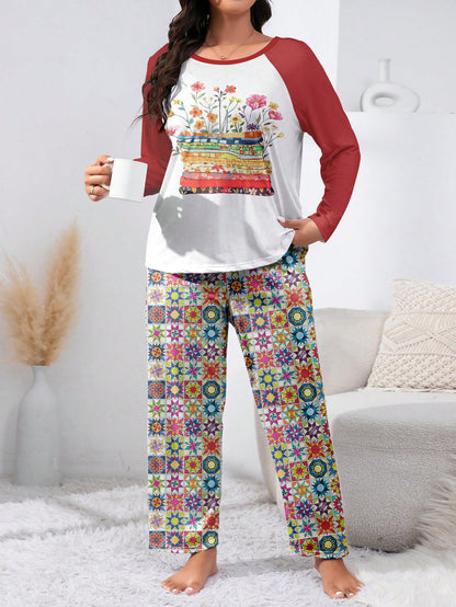 Quilting Lover Raglan Lounge Pajamas Bright Patchwork Blossoms