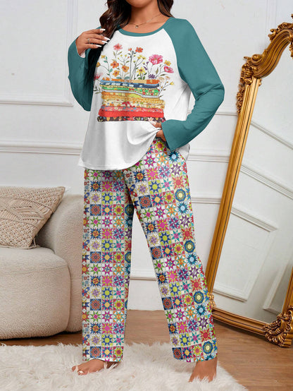 Quilting Lover Raglan Lounge Pajamas Bright Patchwork Blossoms